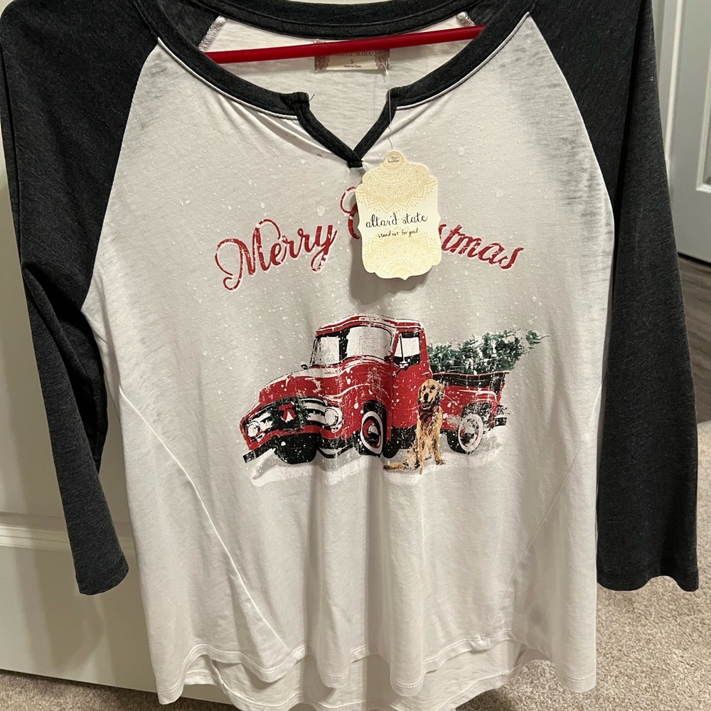 Merry Christmas Raglan Shirt with Red Truck Design